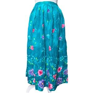 Vintage Debbie Brooks Floral Midi Skirt Teal Rayon Garden Print Pockets Small